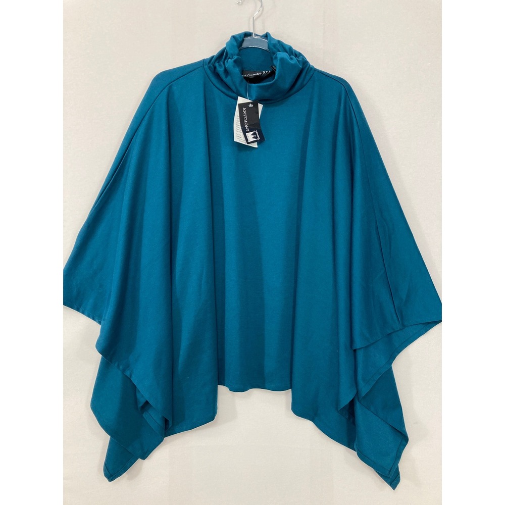New Antthony Turtleneck Poncho Wrap One Size Teal Blue Drape Stretch Knit